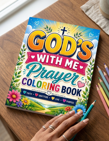 A colorful 'God's With Me Prayer Coloring Book' is shown on a wooden table, with a hand holding a teal pencil next to it and colored pencils nearby. The cover features vibrant illustrations of flowers, green leaves, and a bright blue sky with a cross.