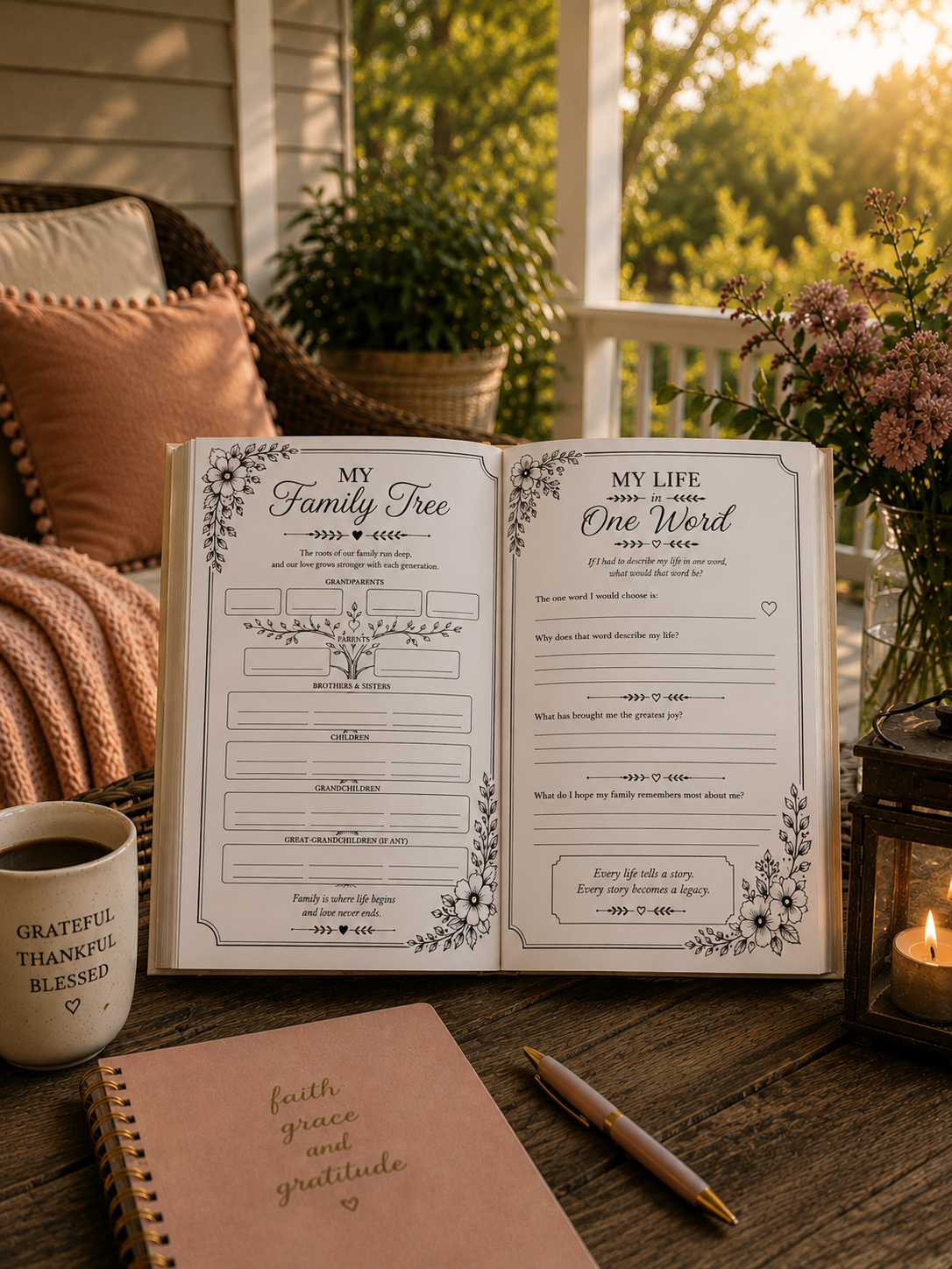 An open personalized journal on a rustic wooden porch table, surrounded by a coffee mug, a pen, a pink notebook, and flowers. The pages feature elegant black floral illustrations and text fields for 'My Family Tree' and 'My Life One Word'.