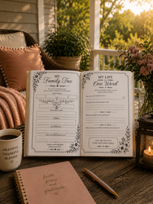 An open personalized journal on a rustic wooden porch table, surrounded by a coffee mug, a pen, a pink notebook, and flowers. The pages feature elegant black floral illustrations and text fields for 'My Family Tree' and 'My Life One Word'.
