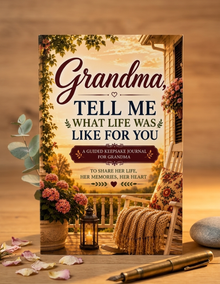 A keepsake journal titled 'Grandma, TELL ME WHAT LIFE WAS LIKE FOR YOU' displayed upright on a wooden surface with decorative flowers, petals, a pen, and a stone around it. The cover shows a porch scene with warm sunset tones and floral accents.