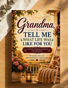 A keepsake journal cover featuring a warm sunset porch scene with flowers, a rocking chair, and the title 'Grandma, TELL ME WHAT LIFE WAS LIKE FOR YOU' in large dark lettering, shown standing on a wooden surface.