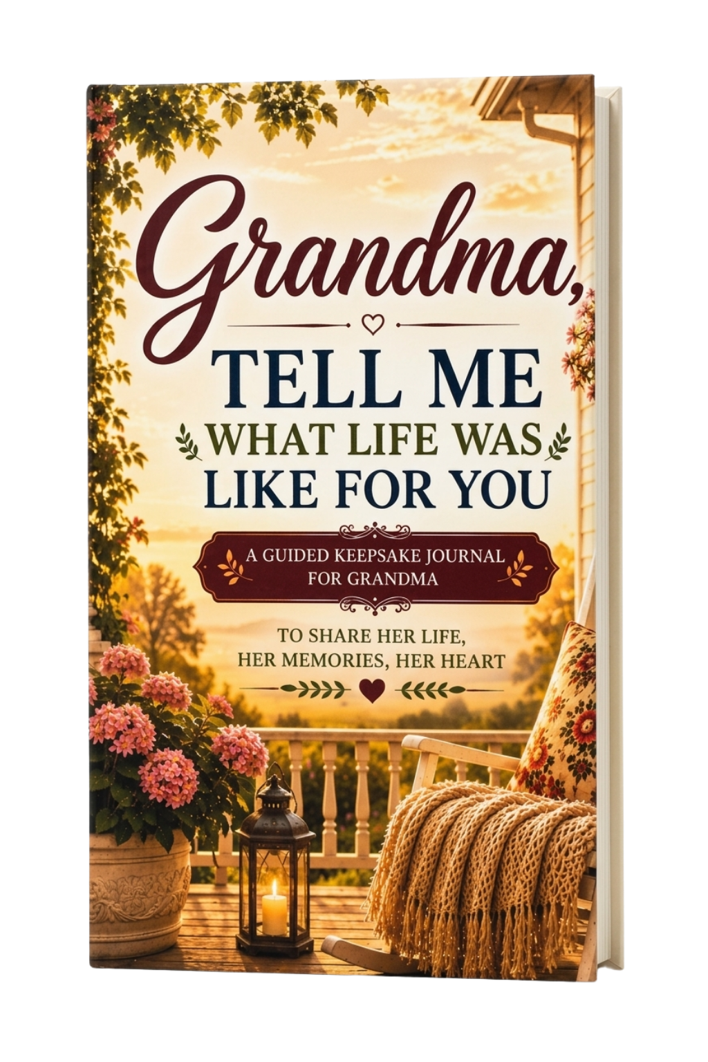 A physical keepsake journal shown at a slight angle, featuring a warm-toned cover illustration of a porch with flowers, a lantern, and a rocking chair. The cover text reads, 'Grandma, TELL ME WHAT LIFE WAS LIKE FOR YOU' and 'A GUIDED KEEPSAKE JOURNAL FOR GRANDMA.