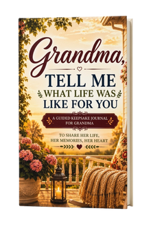A physical keepsake journal shown at a slight angle, featuring a warm-toned cover illustration of a porch with flowers, a lantern, and a rocking chair. The cover text reads, 'Grandma, TELL ME WHAT LIFE WAS LIKE FOR YOU' and 'A GUIDED KEEPSAKE JOURNAL FOR GRANDMA.