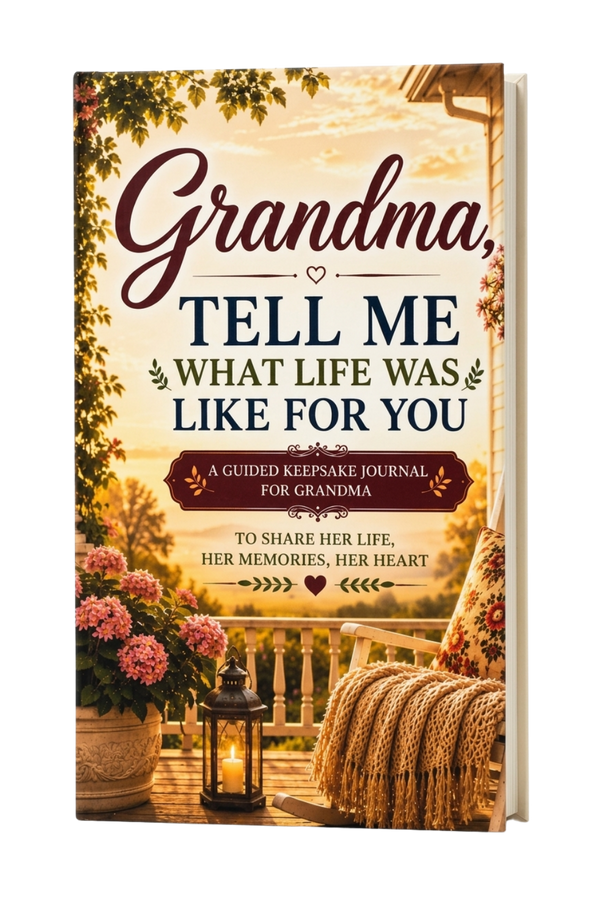 A physical keepsake journal shown at a slight angle, featuring a warm-toned cover illustration of a porch with flowers, a lantern, and a rocking chair. The cover text reads, 'Grandma, TELL ME WHAT LIFE WAS LIKE FOR YOU' and 'A GUIDED KEEPSAKE JOURNAL FOR GRANDMA.