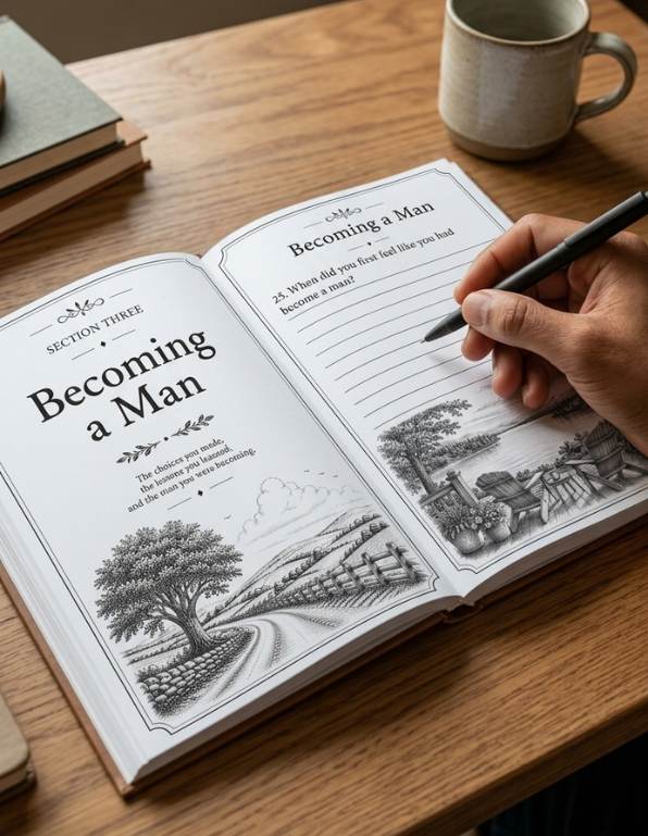 An open journal on a wooden table showing the 'Becoming a Man' section, with a hand holding a black pen writing in the lined text area. A ceramic mug sits in the background.