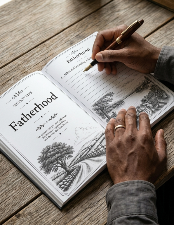An open journal or notebook on a rustic wooden table, showing the 'Fatherhood' section with black-and-white illustrations and text. A person's hands are visible, one holding a gold pen and the other resting on the page.