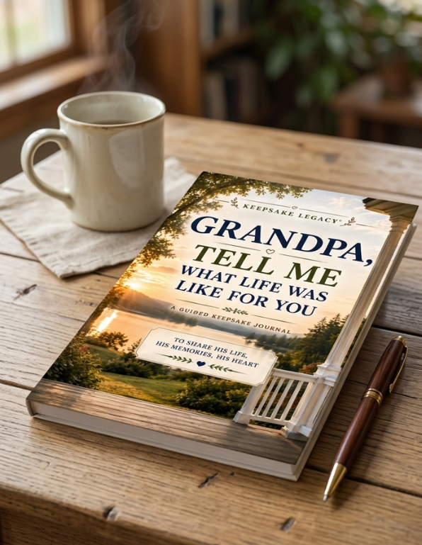 A hardcover journal titled 'Grandpa, Tell Me What Life Was Like For You' by Keepfire Legacy, styled on a rustic wooden table next to a white ceramic mug and a brown pen.