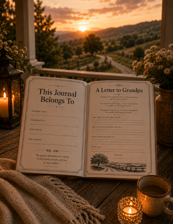 An open journal laid on a rustic wooden table at sunset, surrounded by a knitted blanket, candles, flowers, and a mug. The left page reads 'This Journal Belongs To' with fields for name, completed date, date started, and date finished, and the right page has a lined letter-writing section titled 'A Letter to Grandpa' with a small tree illustration.