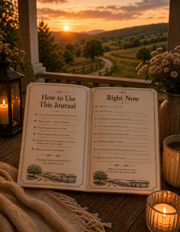 An open journal laid on a rustic wooden table at sunset, surrounded by lit candles, flowers, and a lantern. The pages show decorative headings reading 'How to Use This Journal' and 'Right Now' with lined writing space.