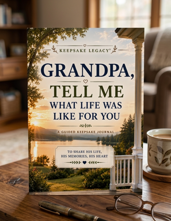 A keepsake journal titled 'Grandpa, Tell Me What Life Was Like For You' from Keepsake Legacy, standing upright on a wooden table in a cozy indoor setting with a mug, glasses, and a pen nearby.