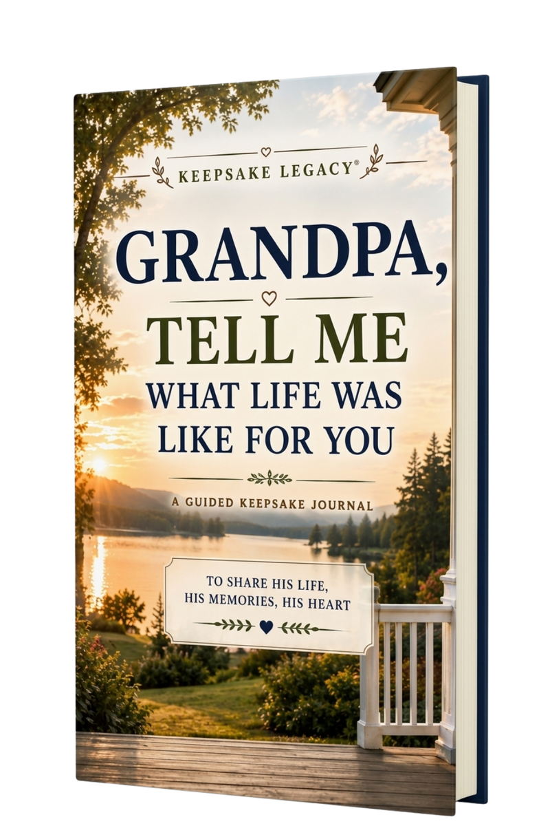 A 3D mockup of a hardcover journal titled 'Grandpa, Tell Me What Life Was Like For You' by Keepsake Legacy. The cover features a scenic photograph of a sunset over a lake with a wooden porch railing, and the text is written in navy blue and olive green fonts.