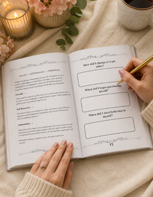 An open journal or workbook spread on a beige fabric surface, with a person's hands holding a gold pen and writing in the right page. The scene includes a lit candle, pink flowers, and a ceramic mug in a styled setting. Growth journal for women