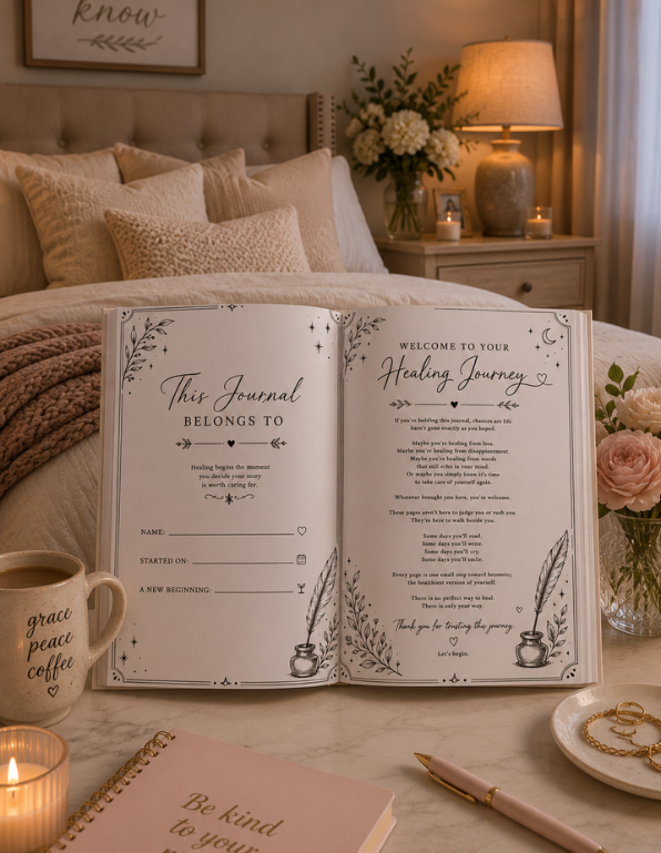 An open wedding journal on a bed in a warmly lit bedroom, showing printed welcome and commitment pages. A mug reading 'grace and peace coffee,' a candle, a pink notebook, and flowers are arranged around it.