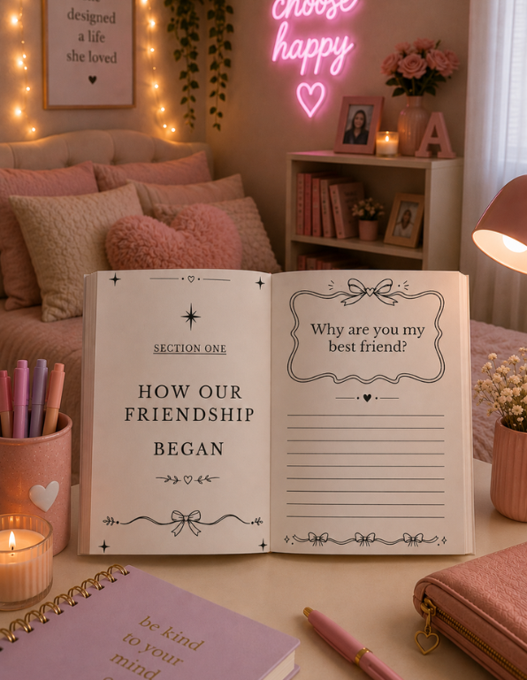 Open book titled 'How Our Friendship Began' on a desk with decorative items and a neon sign in the background.