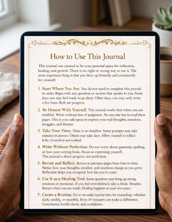 Person holding a tablet with a journaling guide on a wooden surface