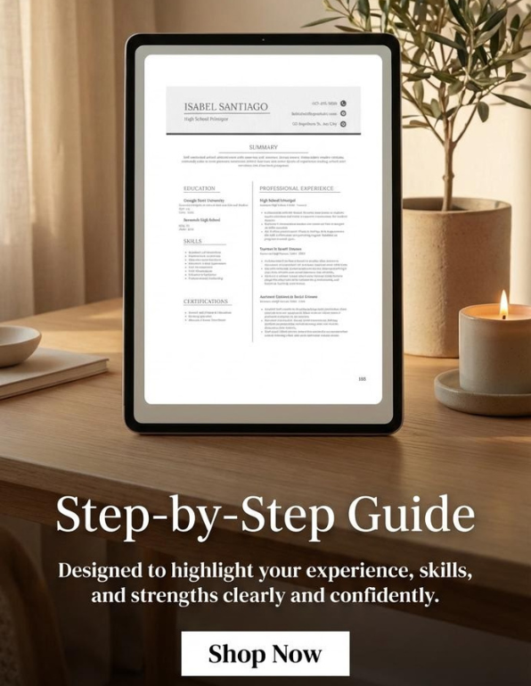Tablet displaying a resume on a table with a candle and plant in the background