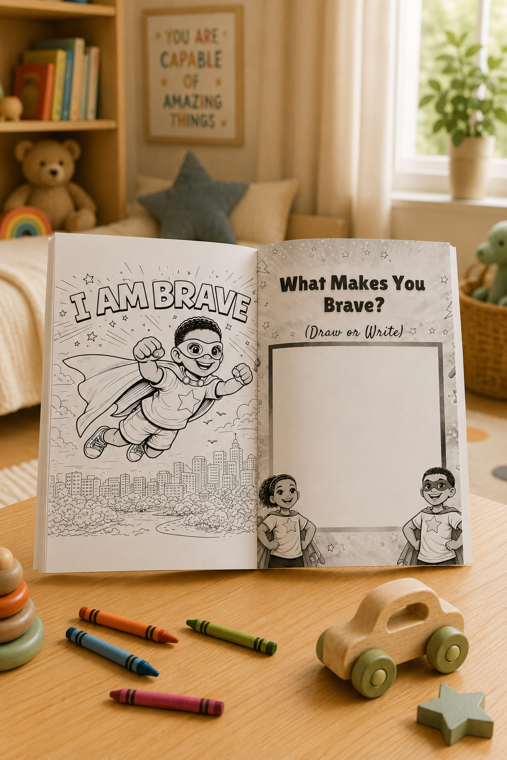 Open book with coloring pages on a table with toys and crayons