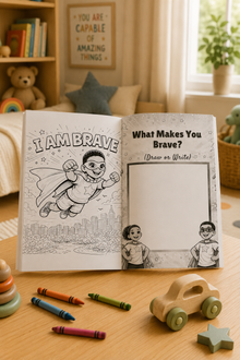 Open book with coloring pages on a table with toys and crayons