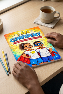 Coloring book titled 'I Am Confident' on a table with coloring supplies and a cup of tea.