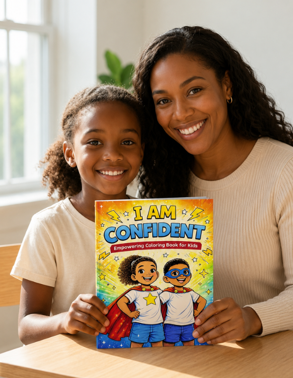 Mother and daughter holding I Am Confident coloring book