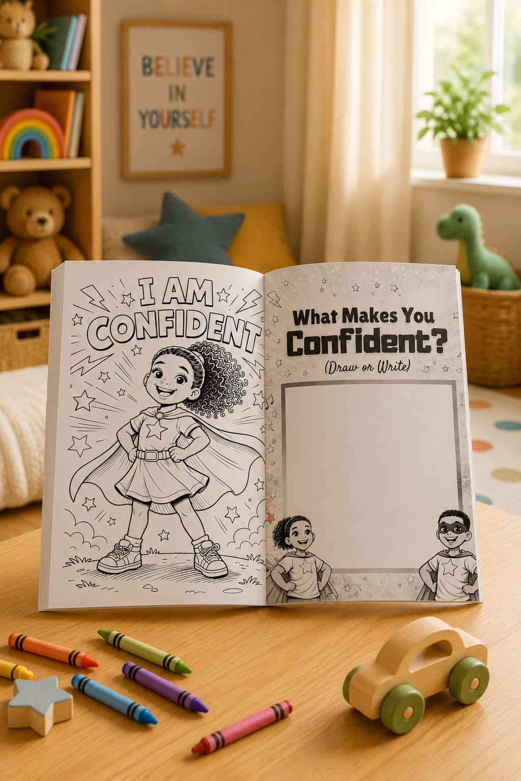 Coloring book open to a page with a superhero illustration and text, surrounded by crayons and toys on a wooden table.