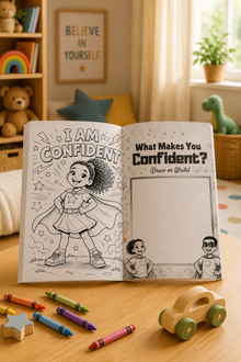 Coloring book open to a page with a superhero illustration and text, surrounded by crayons and toys on a wooden table.
