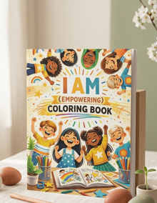 Coloring book titled 'I AM Empowering Coloring Book' with children on the cover