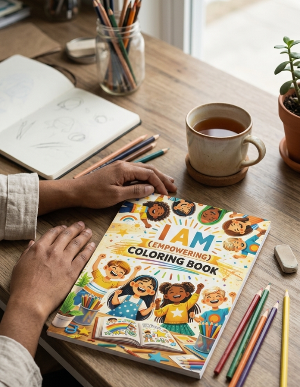 Person holding a 'I AM (Empowering) Coloring Book' on a table with coloring supplies and a cup of tea.