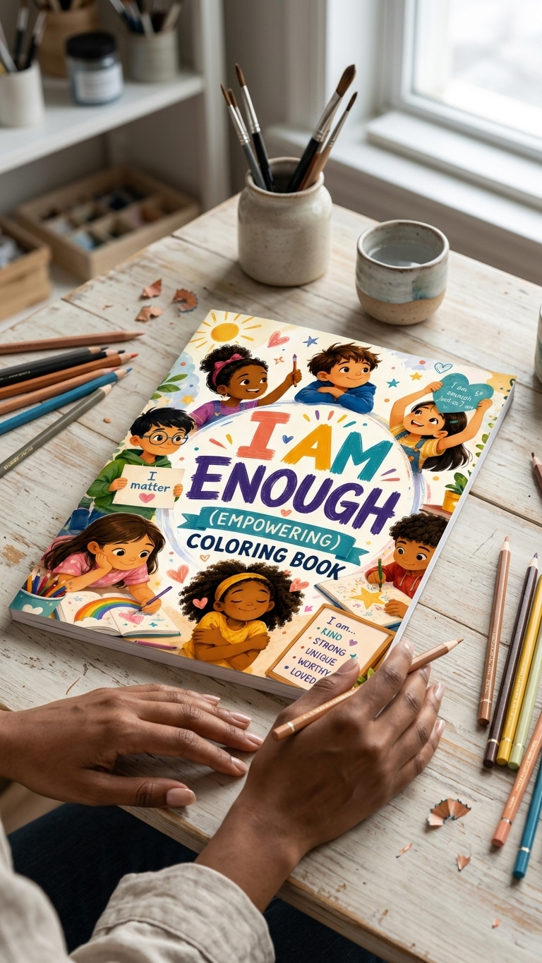 Coloring book titled 'I AM ENOUGH' on a table with coloring supplies