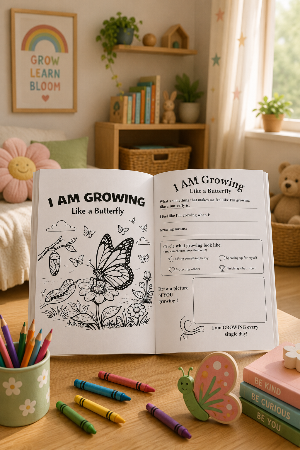 Open book with coloring page and text on a wooden table in a child's room.