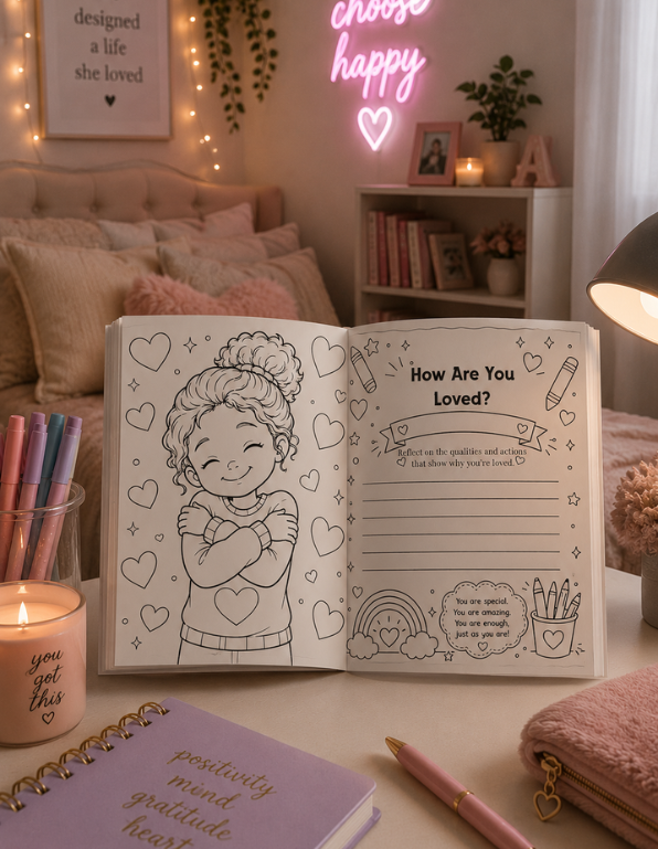 Open coloring book with a character and text on a table in a cozy room with decor elements. I Am Loved Coloring page