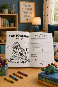 Open book with 'I AM Powerful Like a Tiger' page on a child's desk with crayons and books.