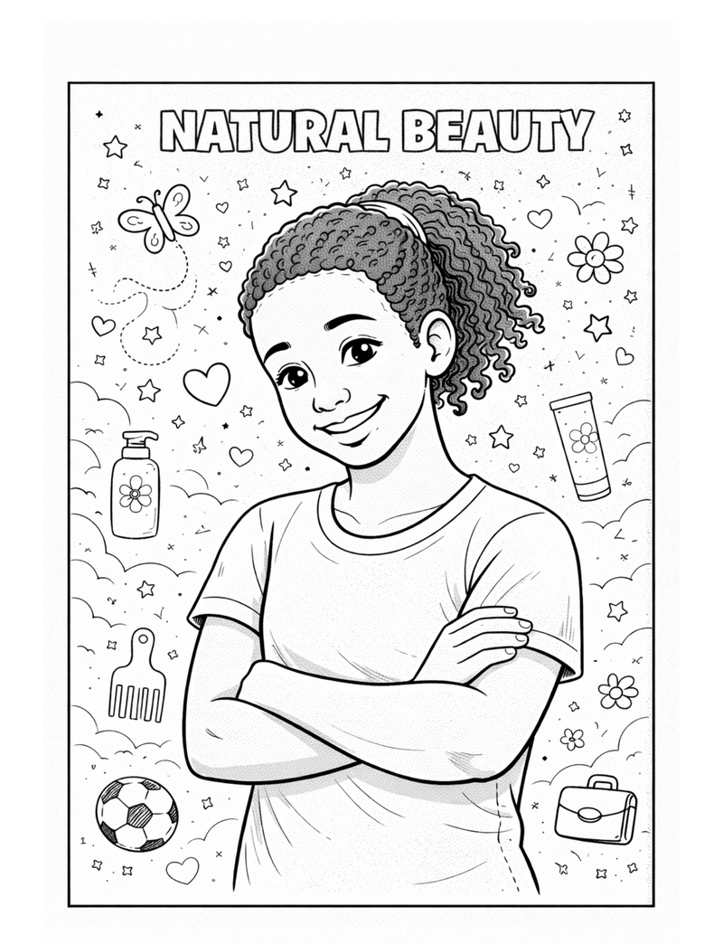 Black and white line art coloring page featuring a smiling girl with curly hair in a ponytail, surrounded by doodles of beauty products like lotion bottles and combs