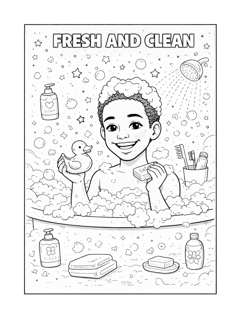 Black-and-white line art coloring page featuring a smiling child in a bubble bath holding a rubber duck and bar of soap, surrounded by shower items like shampoo bottles, toothbrushes, and towels