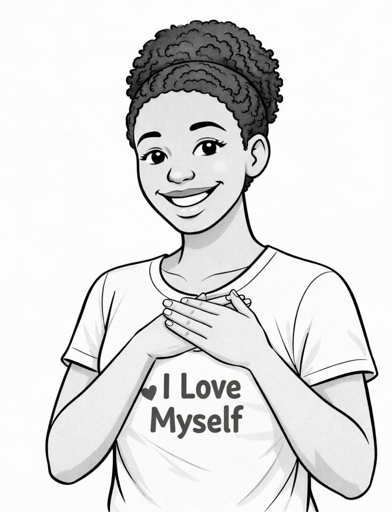 A black-and-white illustrated t-shirt with the text "i love myself" printed across the chest