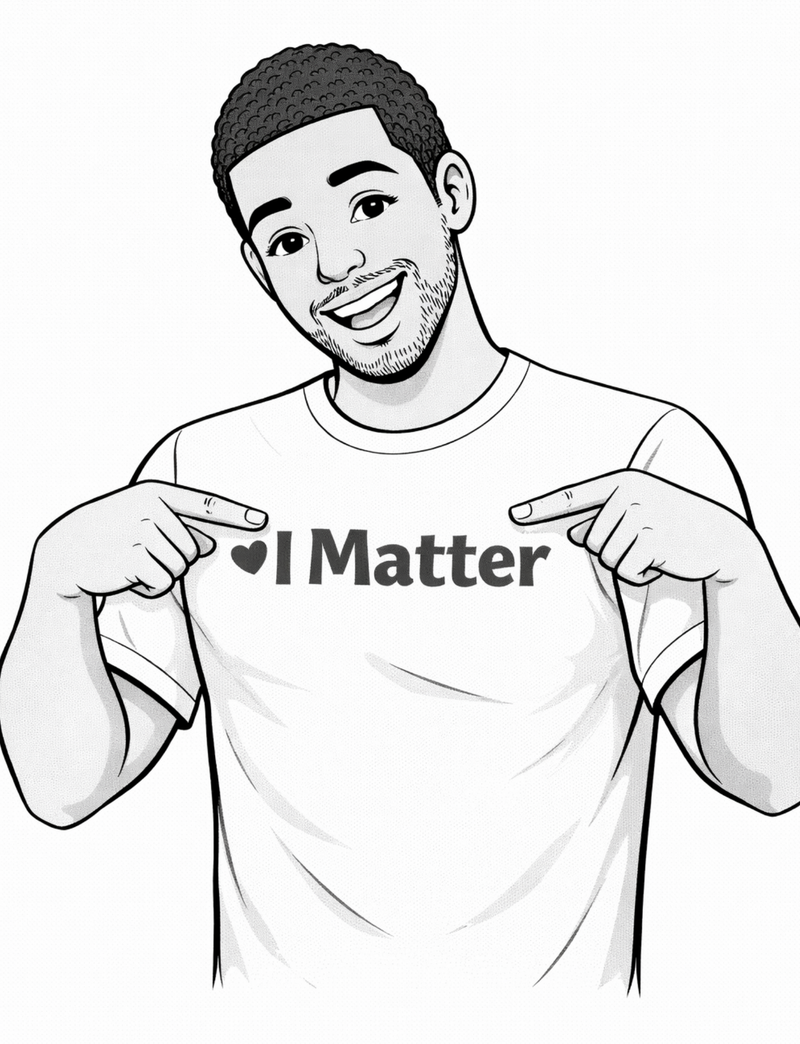 White t-shirt with "i matter" printed across the chest, featuring a heart symbol before the text