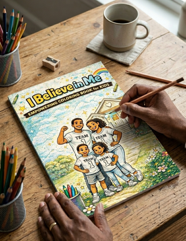 Person coloring in 'I Believe in Me' coloring book on a wooden table with coloring supplies.