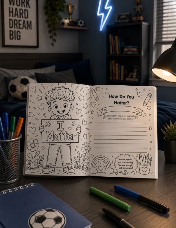 Open book with coloring page and questionnaire on a desk in a room with decor elements. I Matter coloring page