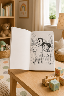 Open book with a drawing of two children on a wooden table in a child's room.