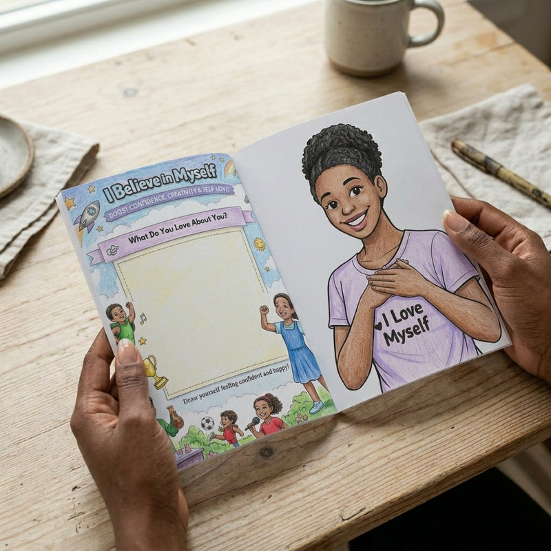 Person holding a children's book with a character on a wooden table.