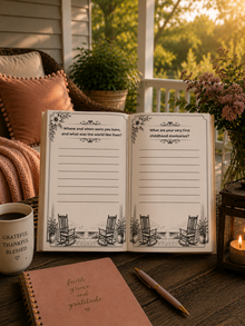 An open journal or guest book spread on a rustic wooden table, showing two cream pages with black text prompts and black line drawings of rocking chairs. A pink notebook, a candle, a mug, and a porch setting with plants and warm sunlight are visible around it.