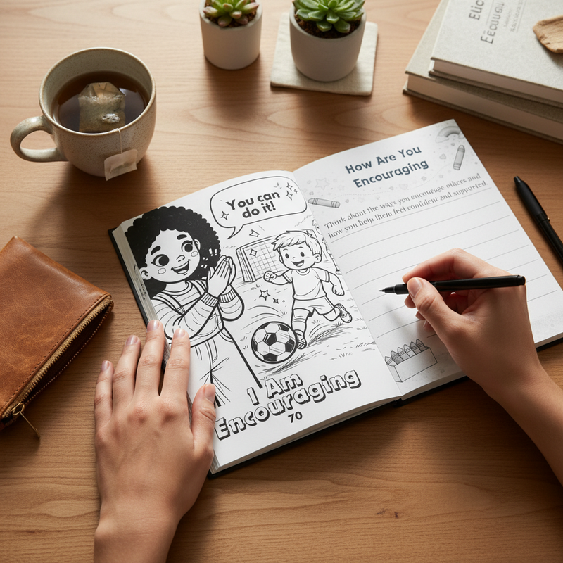 Person coloring a coloring book on a wooden table with a cup of tea and books.