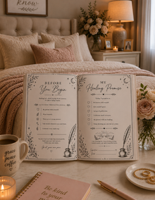 An open journal or book spread displayed on a bedside table in a softly styled bedroom. The pages contain decorative script and checklist text with floral and celestial illustrations.