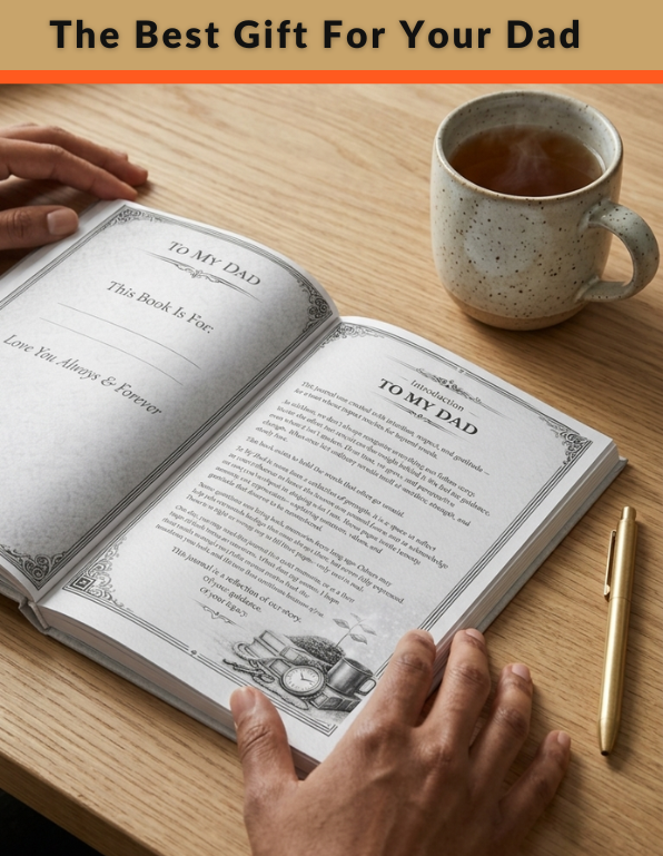 Open book titled 'To My Dad' on a wooden table with a mug of tea and pen.