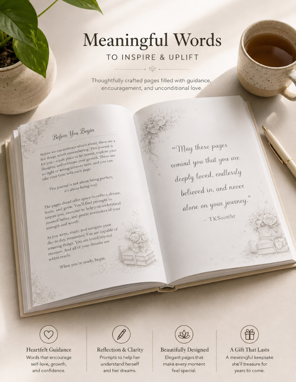 Open book with inspirational text on a table with a cup of tea and plant, encouraging quotes for daughter journal