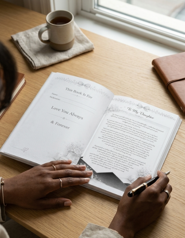 Person reading an open book on a wooden table with a cup of coffee and notebook.