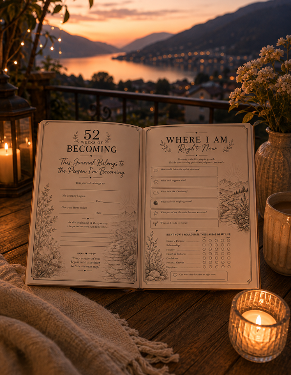 An open printed journal or affirmation book displayed on a wooden table outdoors at sunset, with a lake and mountains in the background. The pages show decorative line art and text such as '52 weeks BECOMING' and 'WHERE I AM Right Now.