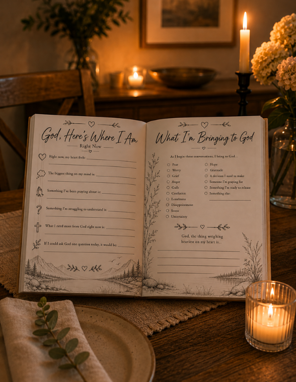 An open wedding guest book with printed pages reading 'God, Here's Where I Am' and 'What I'm Bringing to God,' styled on a wooden table with lit candles, a napkin, and flowers in a warm indoor setting.