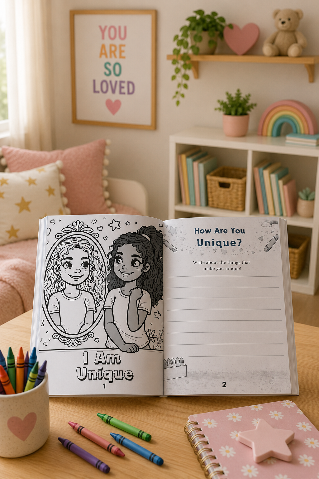 Coloring book open on a table with crayons and a cozy room background