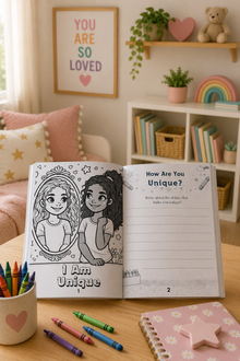 Coloring book open on a table with crayons and a cozy room background